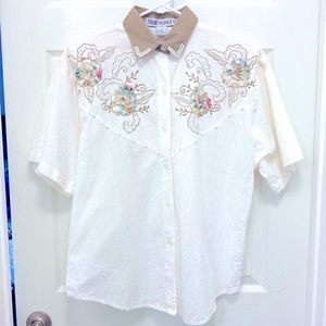Jane Ashley🍂VTG Womens White Beaded & Embroidered Button Down Shirt Sz M